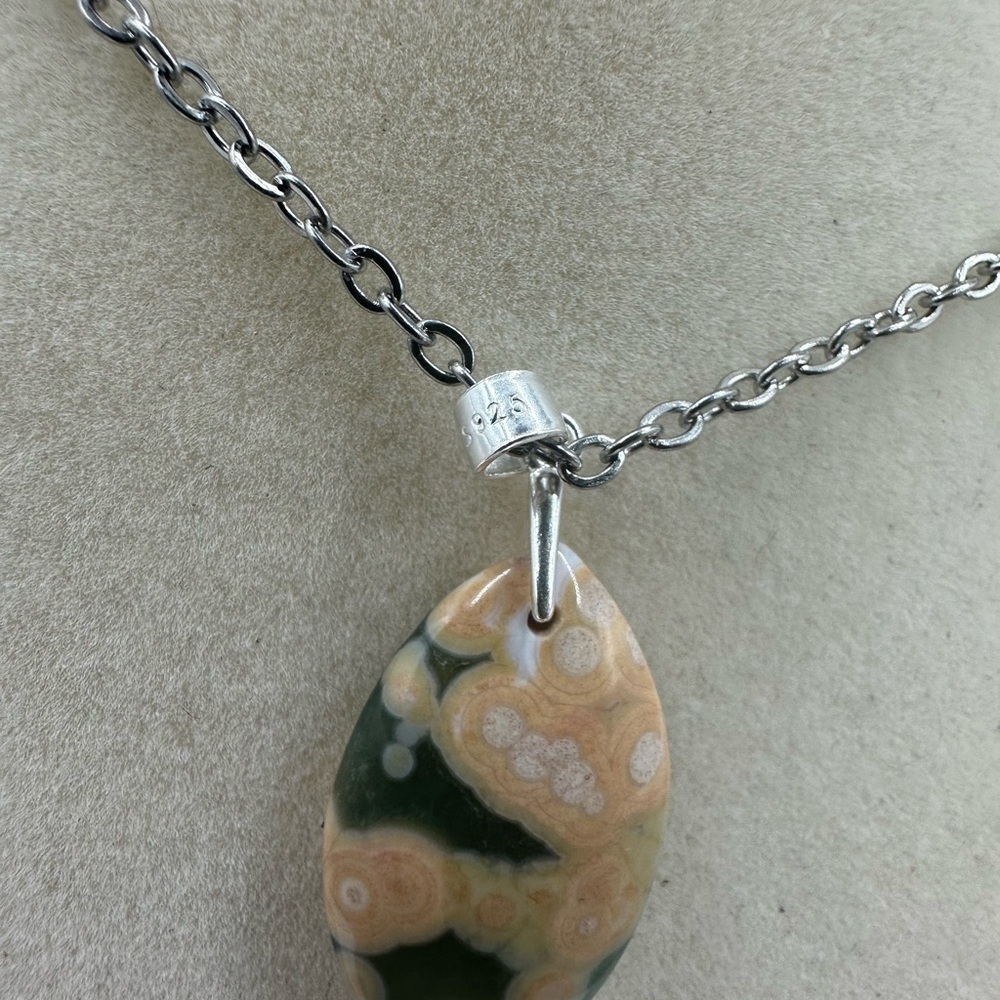 Eye Shaped Ocean Jasper Pendant on Stainless Steel Chain - Picture 4 of 9